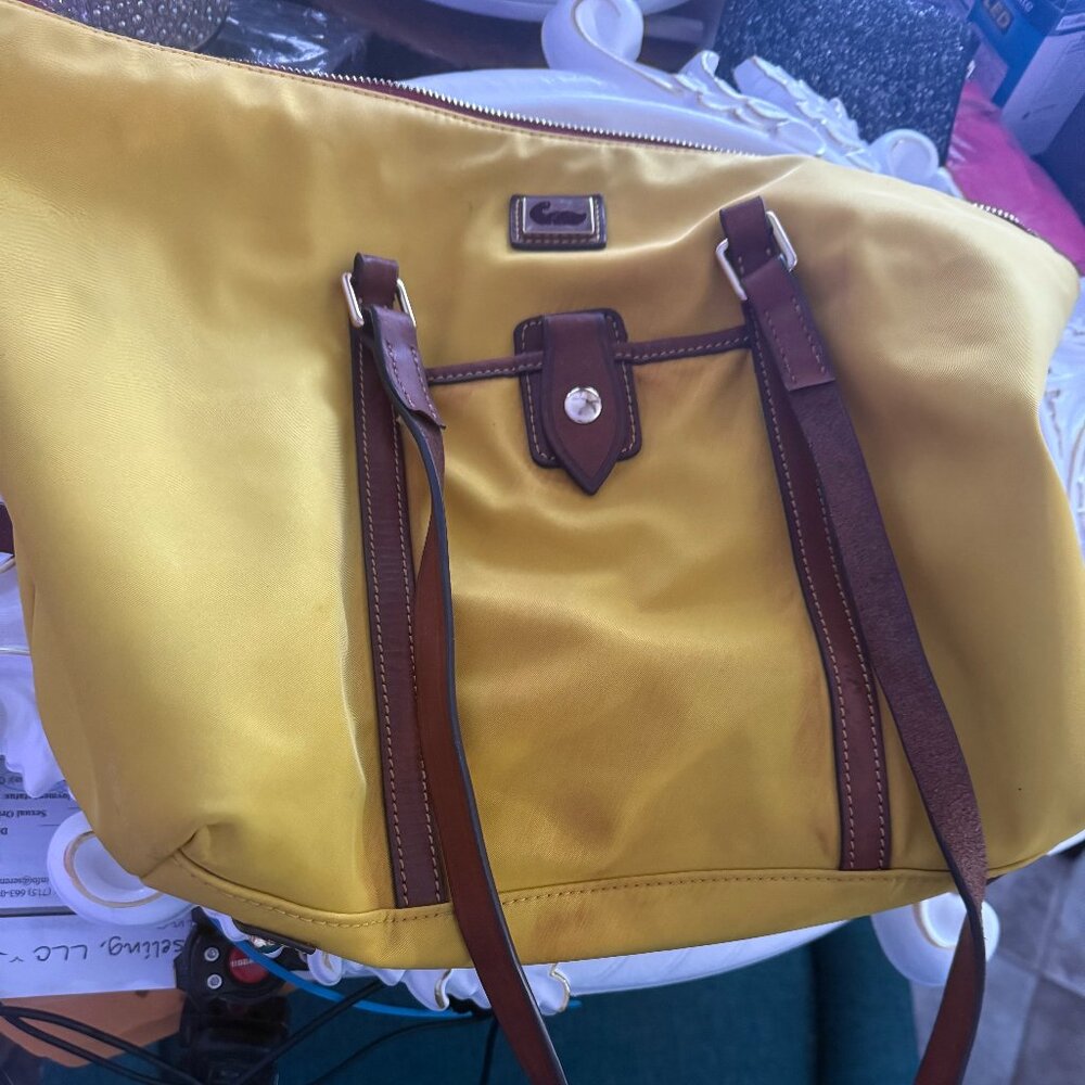 Yellow Nylon Tote with Brown Leather Trim.  Dooney & Bourke